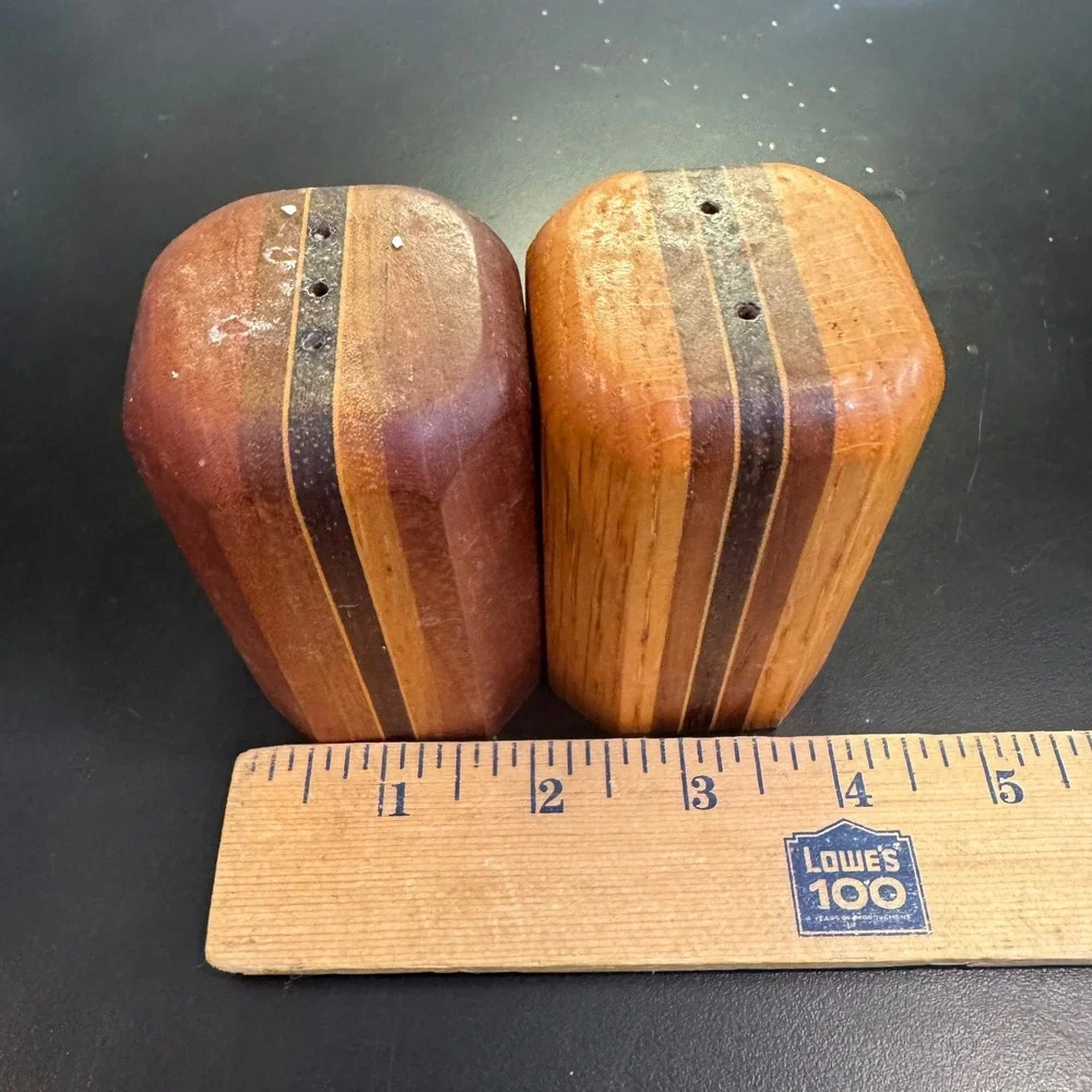 MCM Salt & Pepper Shakers Set Brown Striped Mixed Wood Octagonal